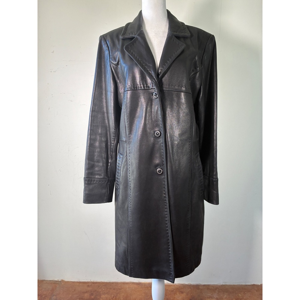 Jones New York Black Leather Trench Coat Pick Stitch Detail Women Large